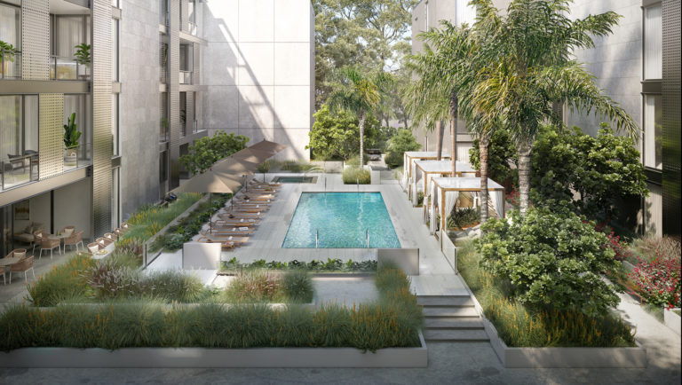 Luxury apartment pool with cabanas