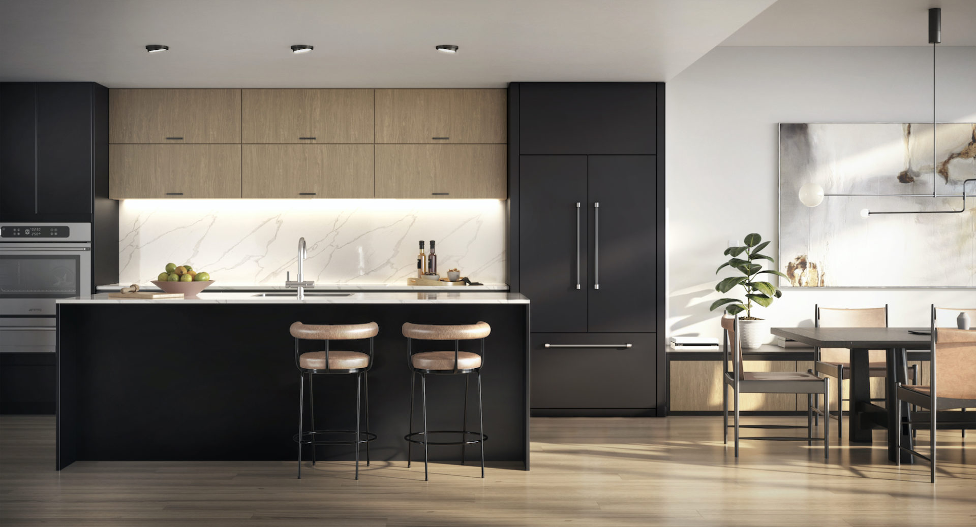 Dark cabinetry apartment modern kitchen